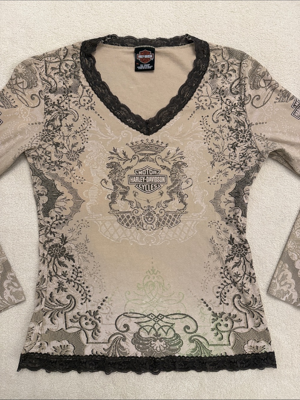 Harley-Davidson Lace-Trim Long Sleeve V-Neck Top Y2K 2000s XL honolulu